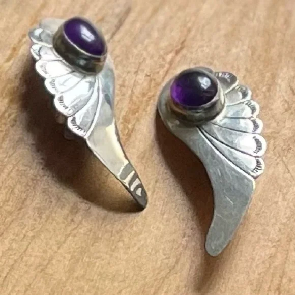 Signed Navajo amethyst & sterling angel wing feather earrings